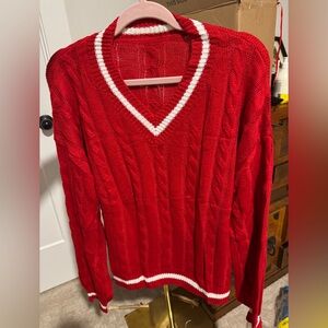 Vibrant Red Cable Knit V-Neck Sweater with White Trim